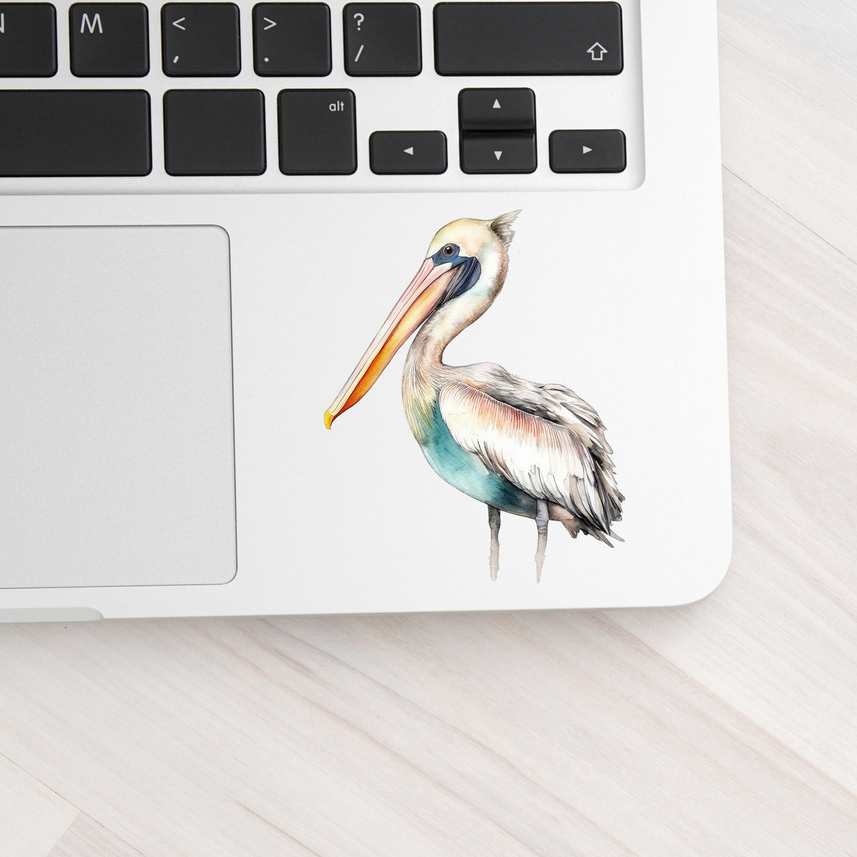 Turquoise Pelican UV DTF sticker applied to a laptop beside the keyboard