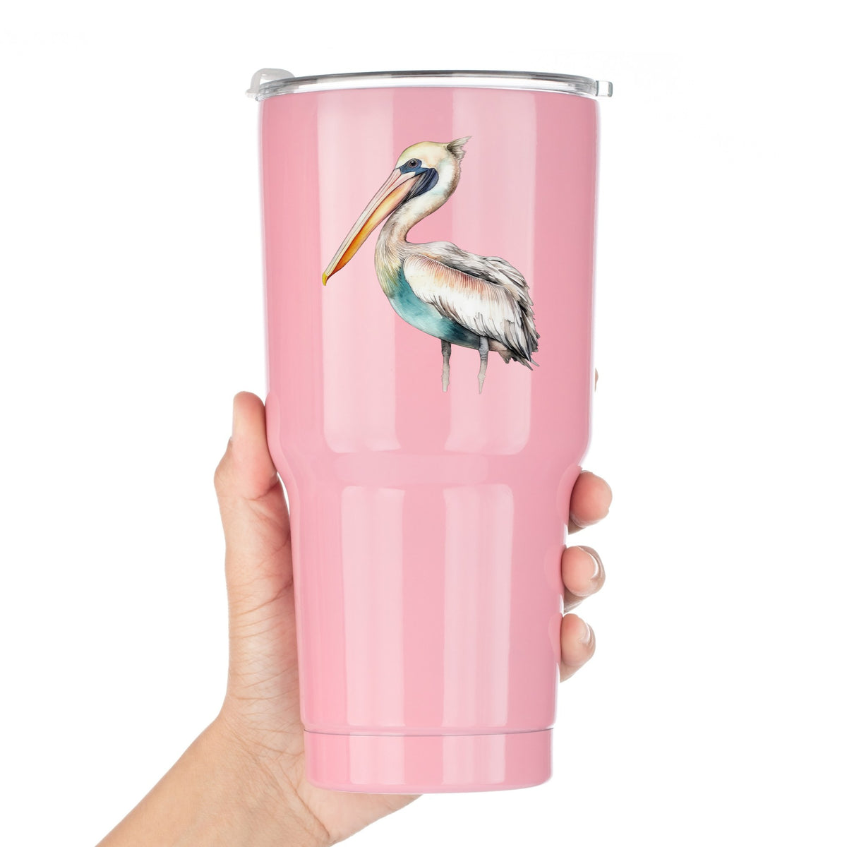 Turquoise Pelican UV DTF sticker applied to a pink tumbler
