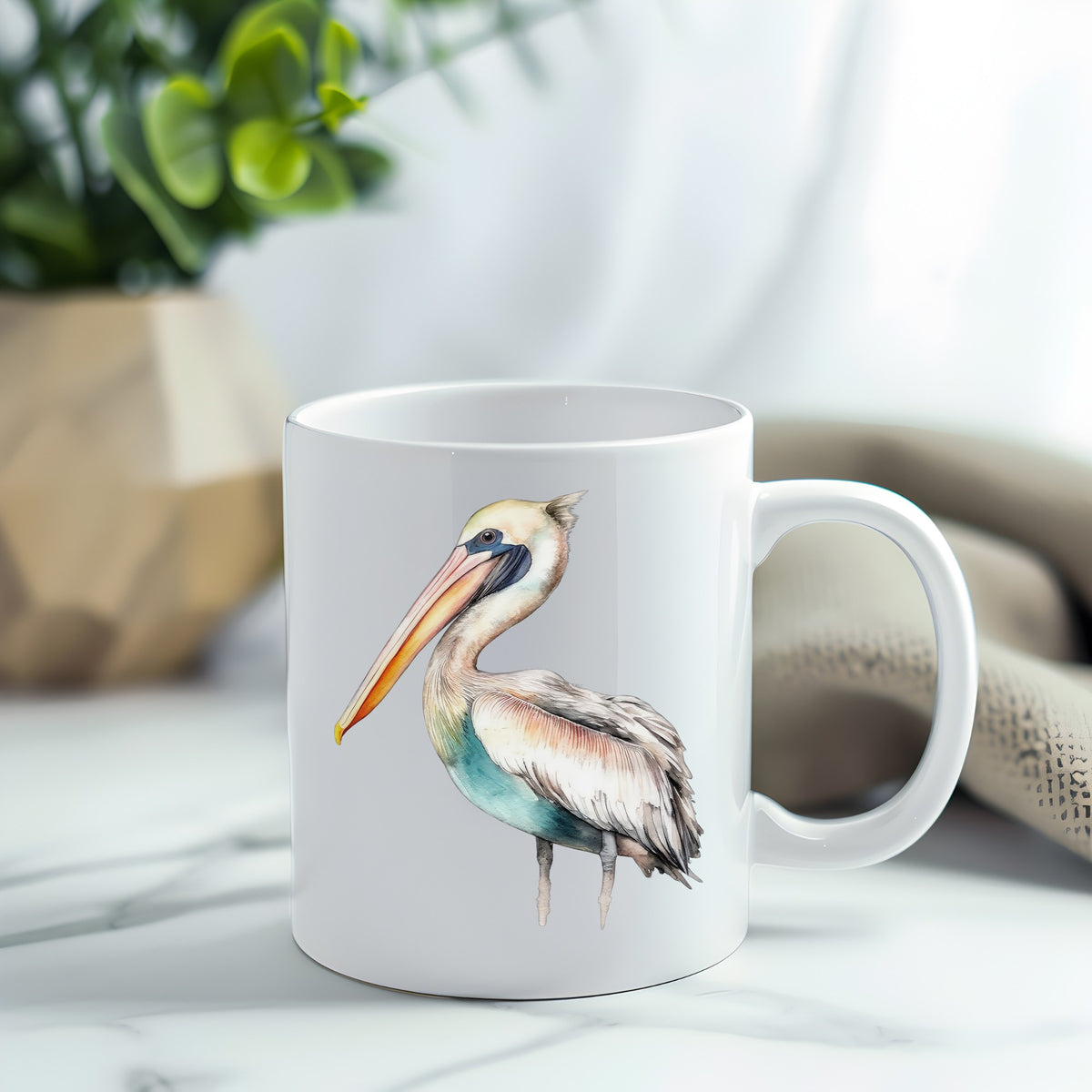 Turquoise Pelican UV DTF sticker applied to a white coffee mug