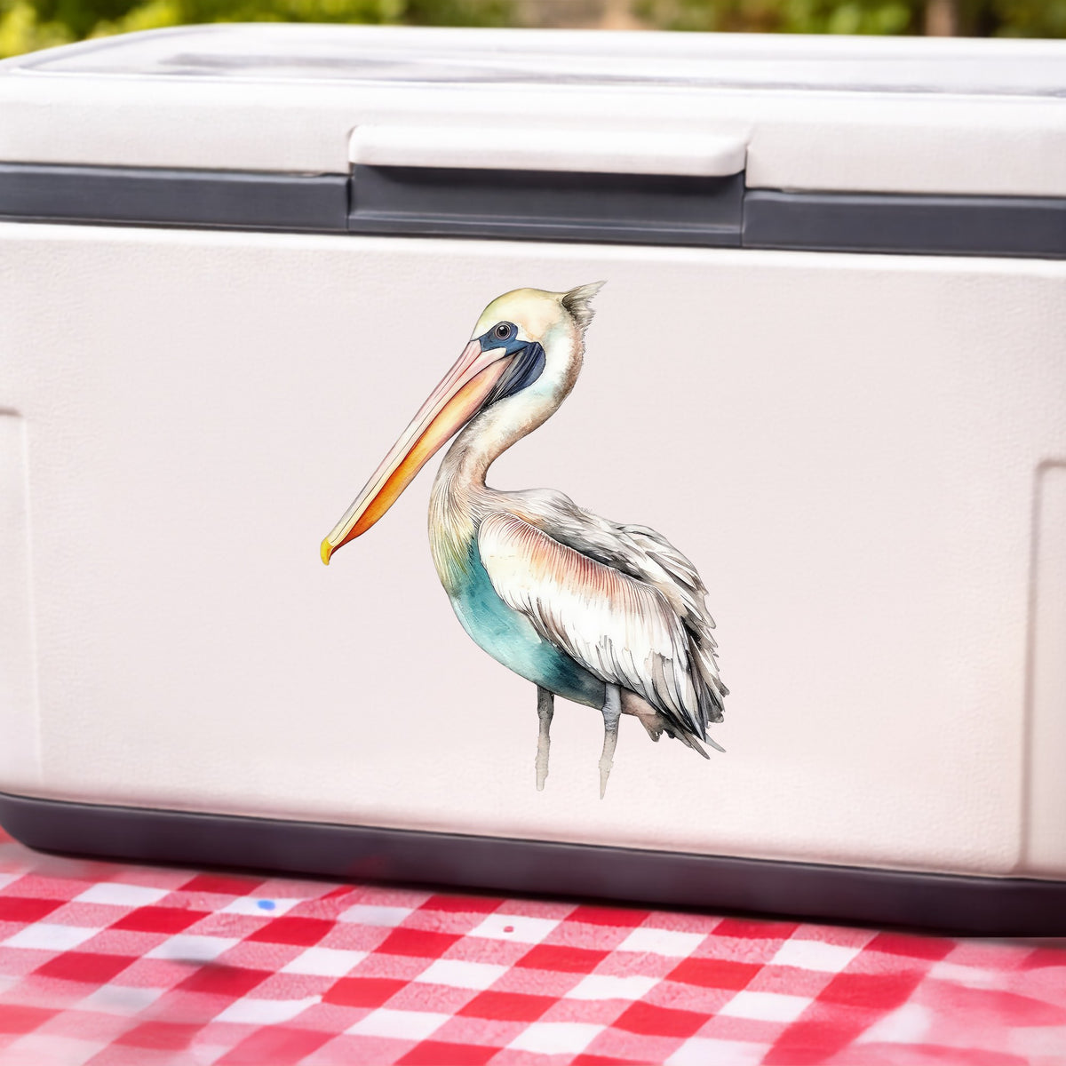 Turquoise Pelican UV DTF sticker applied to a white cooler