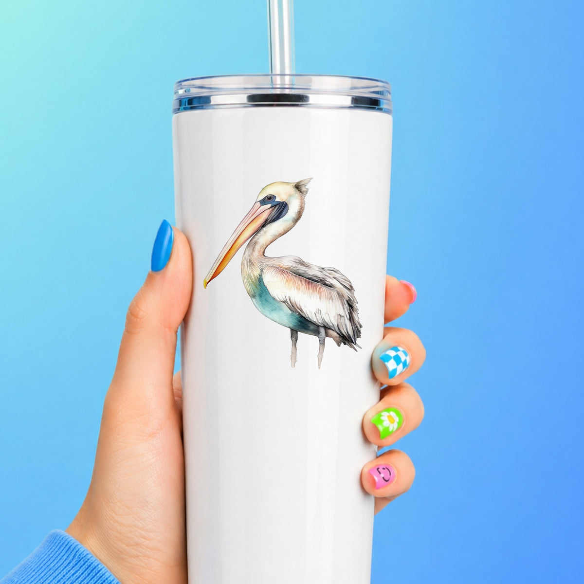 Turquoise Pelican UV DTF sticker applied to a white tumbler
