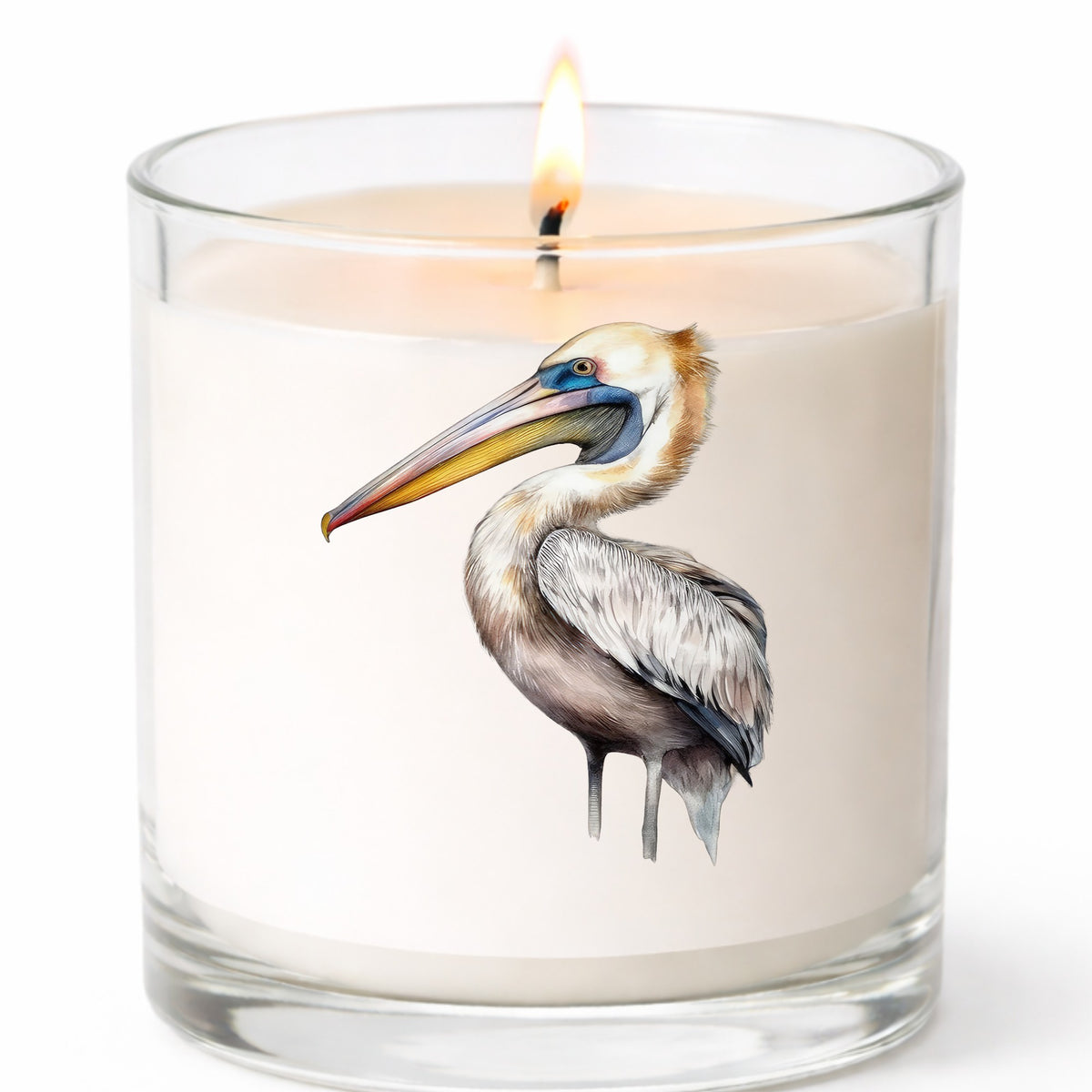Striding Pelican UV DTF sticker applied to a candle jar