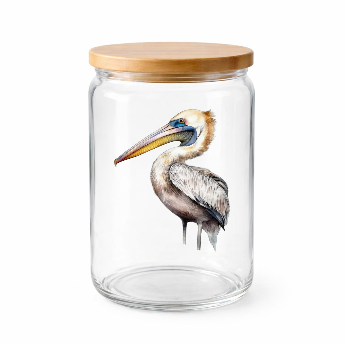 Striding Pelican UV DTF sticker applied to a clear glass jar with lid
