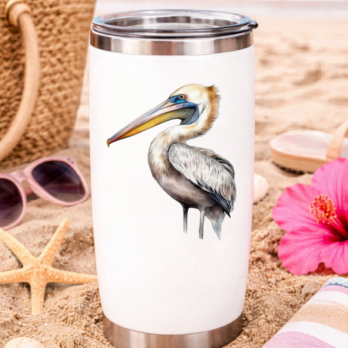 Striding Pelican UV DTF sticker applied to a water bottle at the beach
