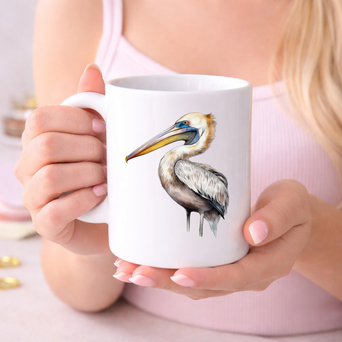Striding Pelican UV DTF sticker displayed on a white coffee mug