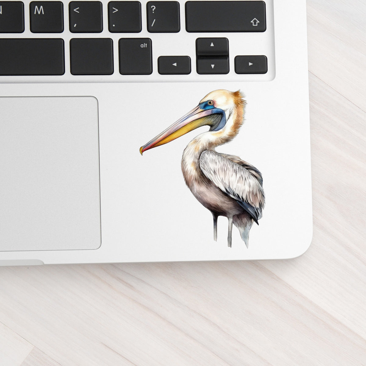 Striding Pelican UV DTF sticker applied to a laptop beside the keyboard