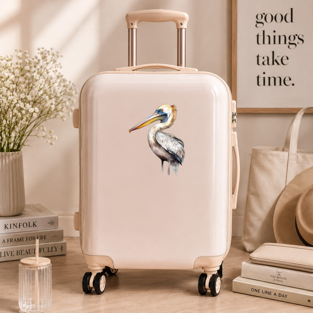 Striding Pelican UV DTF sticker applied to a neutral suitcase