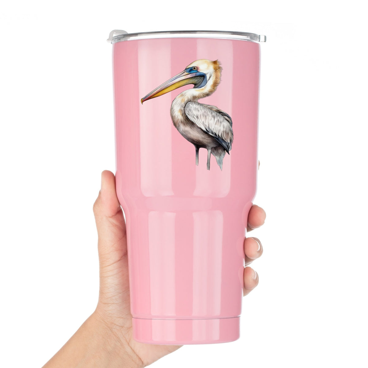 Striding Pelican UV DTF sticker applied to a pink tumbler