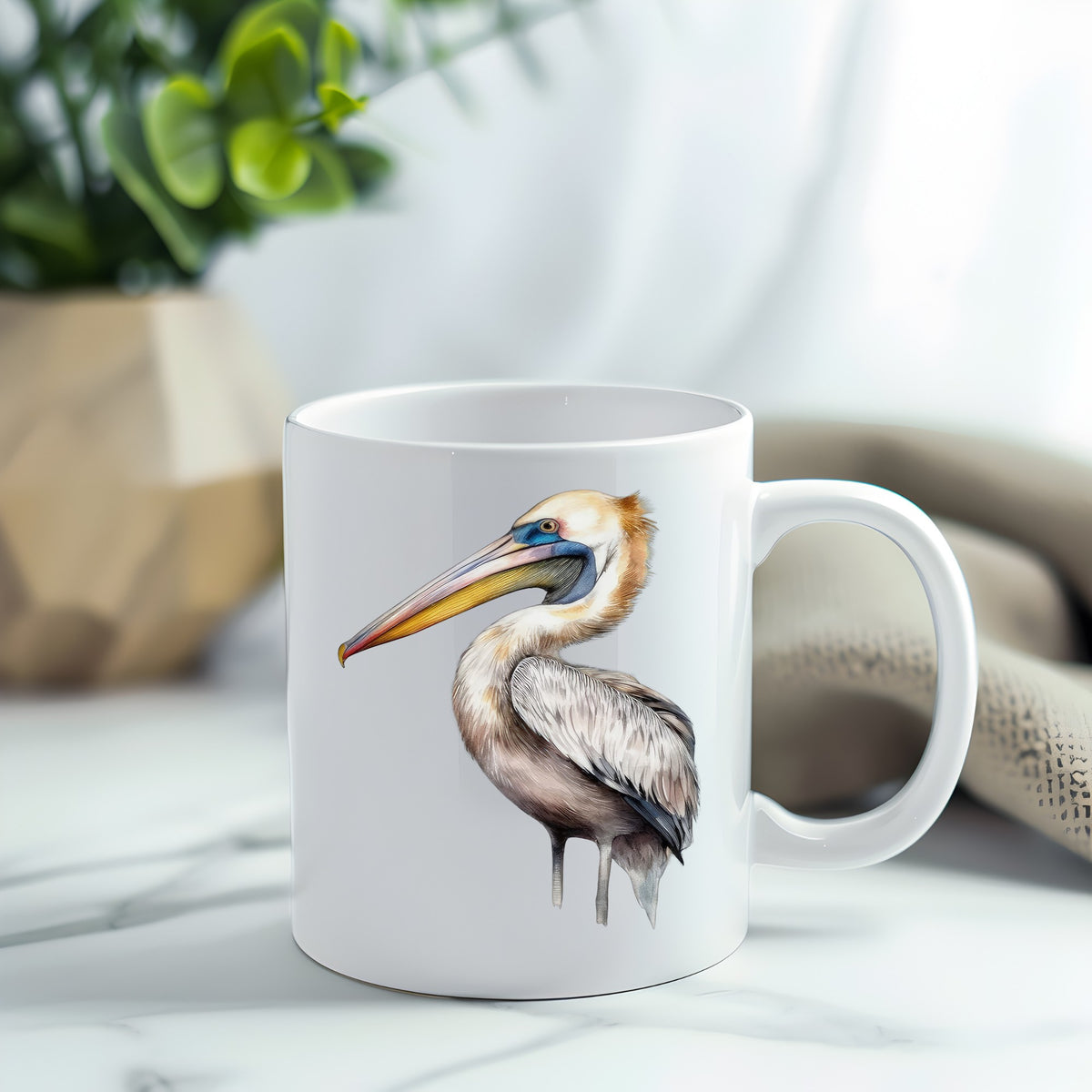 Striding Pelican UV DTF sticker applied to a white coffee mug
