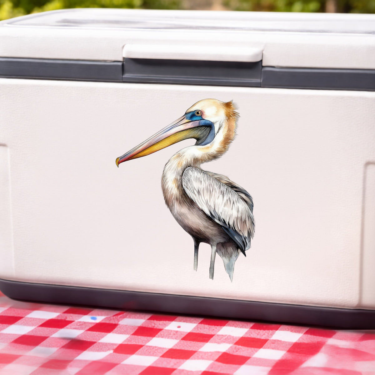 Striding Pelican UV DTF sticker applied to a white cooler