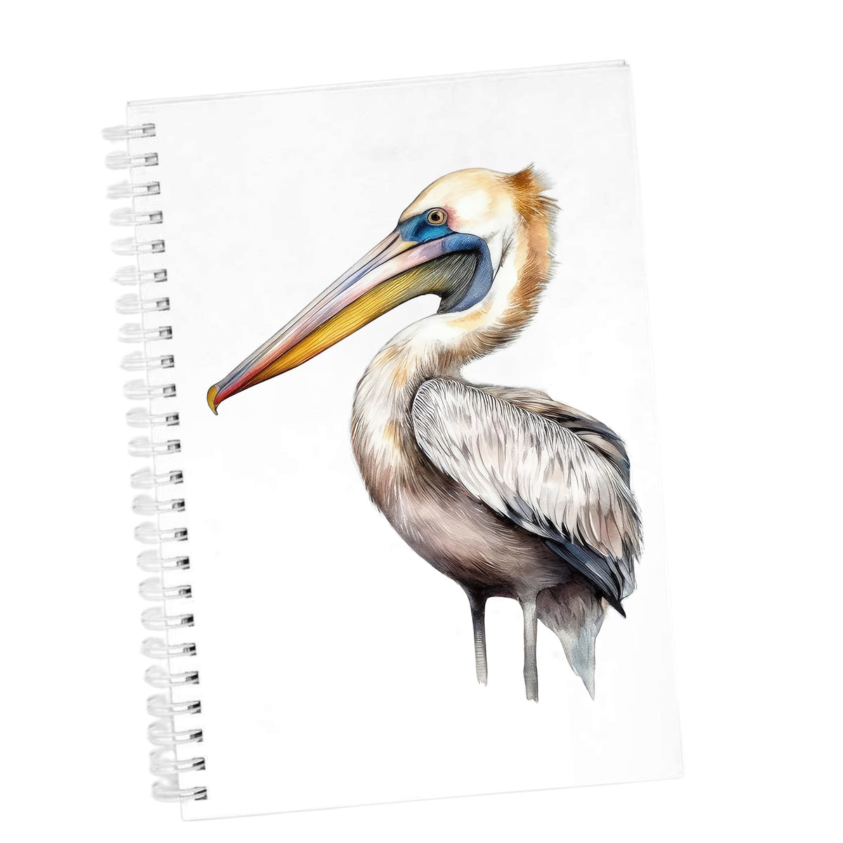 Striding Pelican UV DTF sticker applied to a white journal