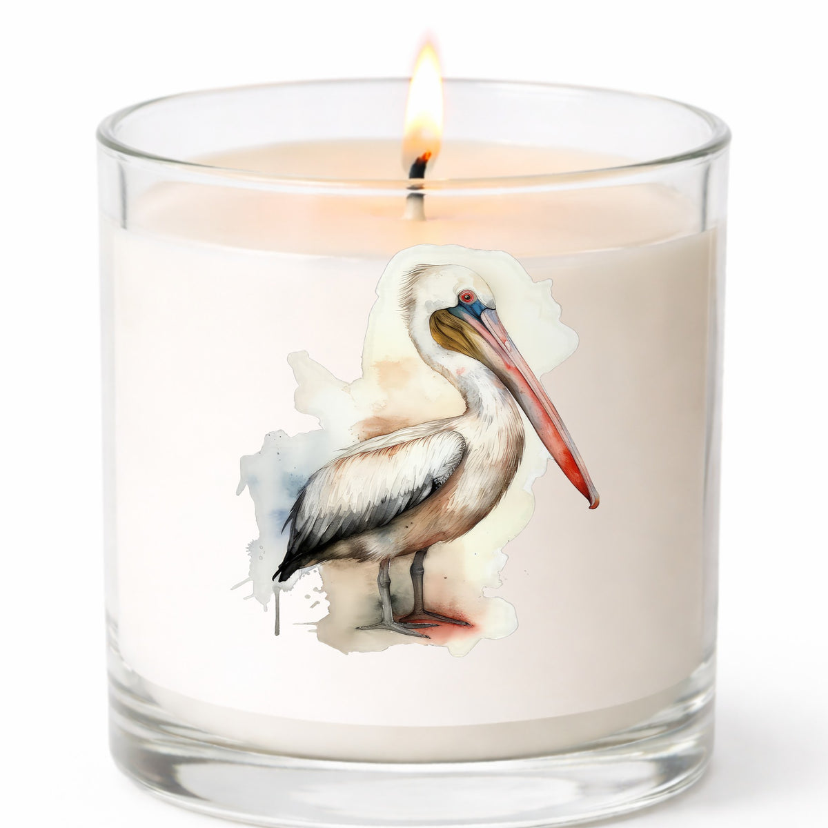 Long Beaked Pelican UV DTF sticker applied to a candle jar