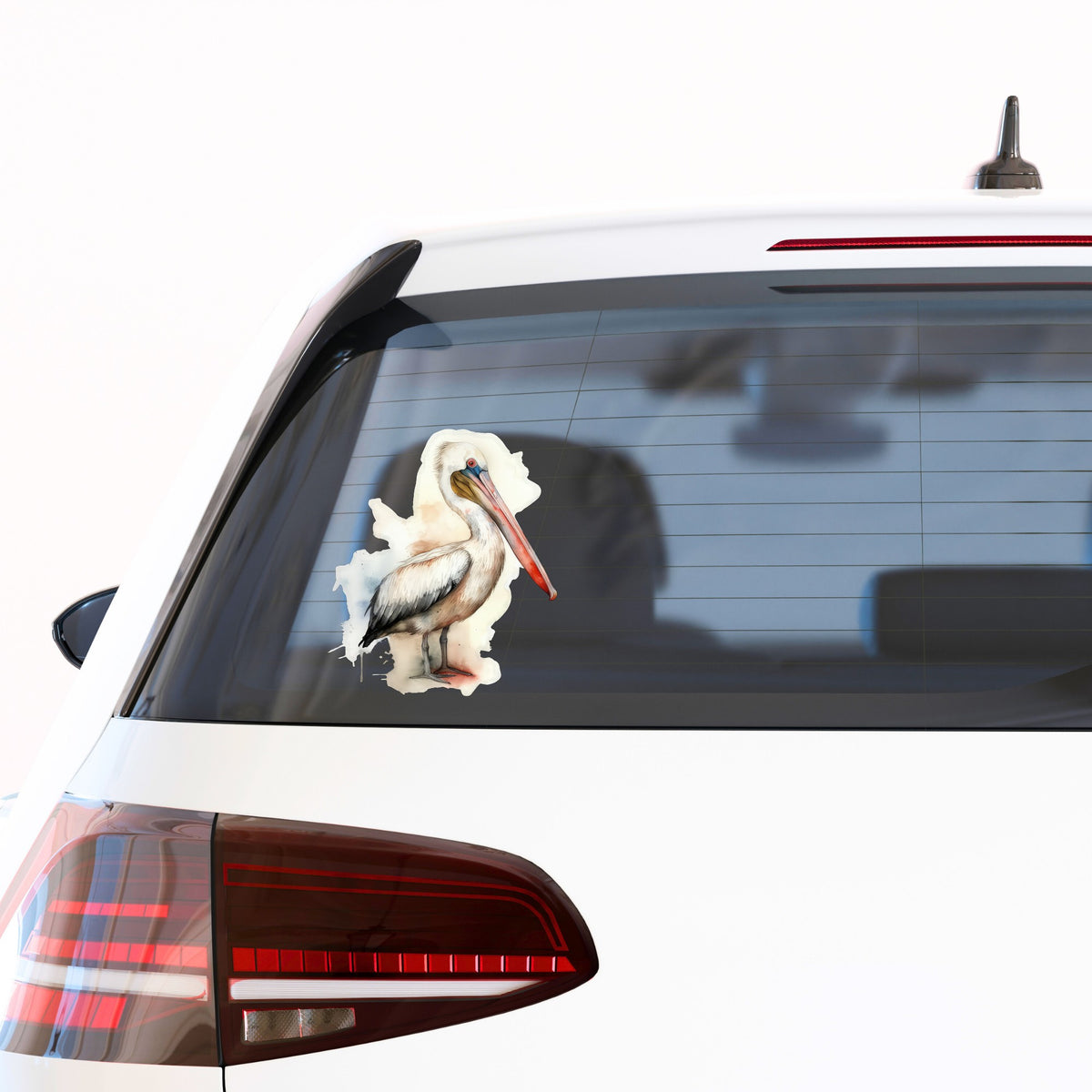 Long Beaked Pelican UV DTF sticker applied to a car window