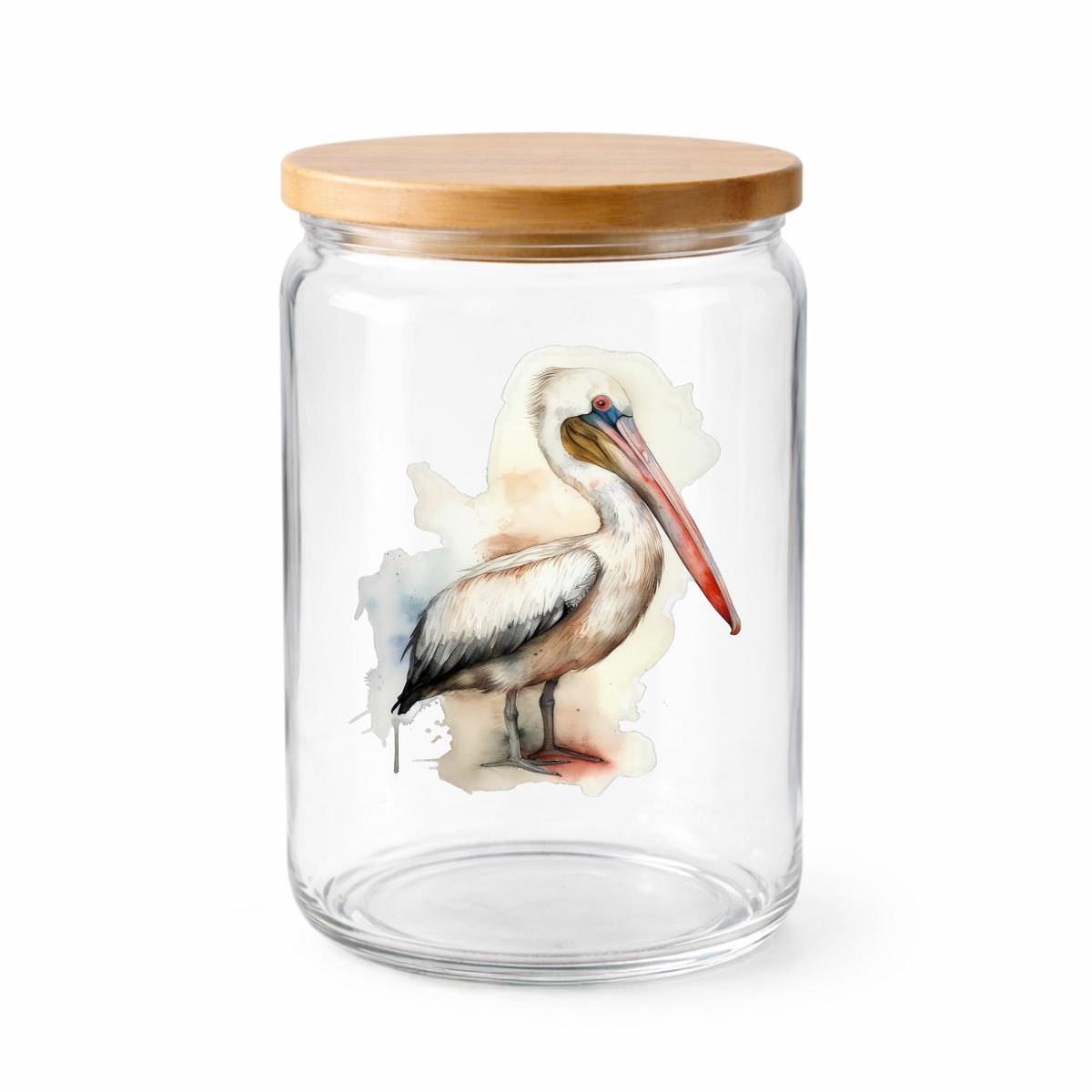 Long Beaked Pelican UV DTF sticker applied to a clear glass jar with lid
