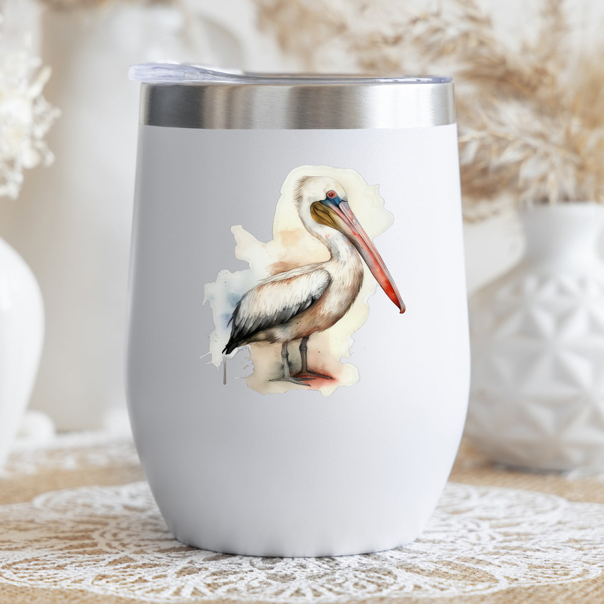 Long Beaked Pelican UV DTF sticker applied to a stemless wine glass