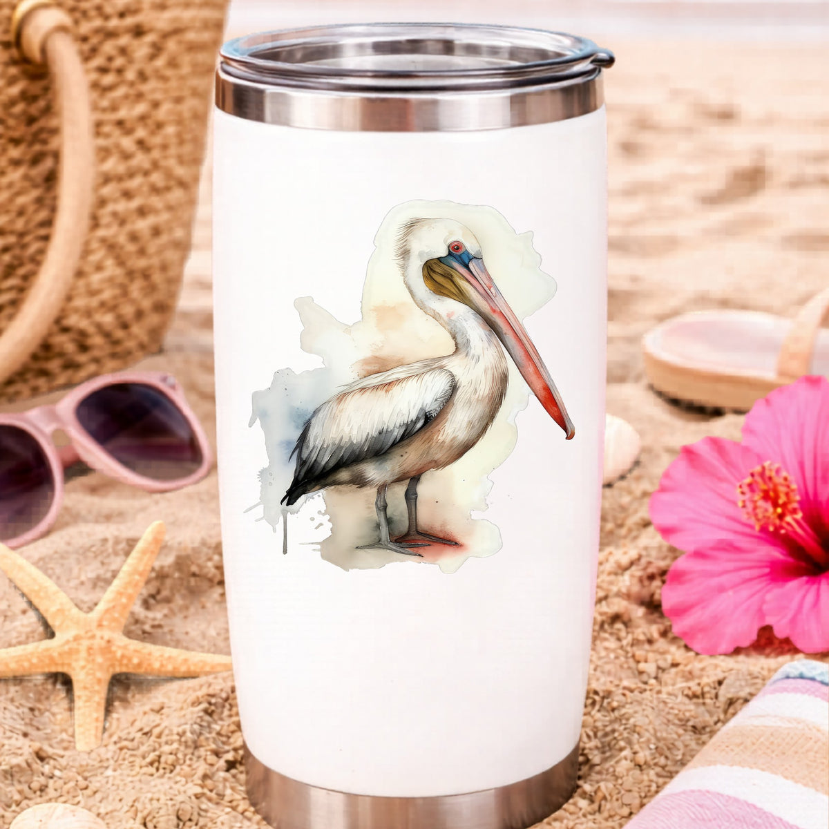 Long Beaked Pelican UV DTF sticker applied to a water bottle at the beach