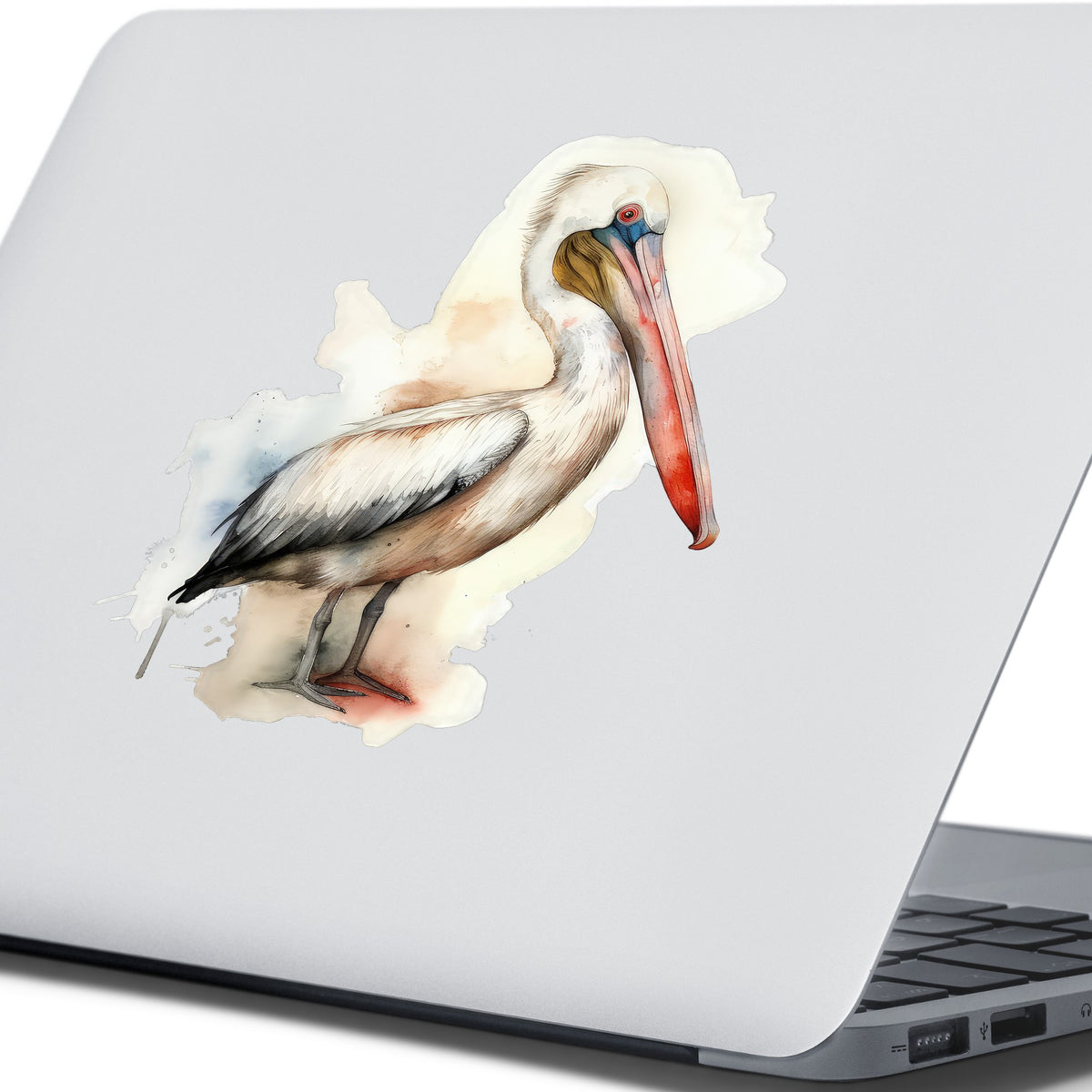 Long Beaked Pelican UV DTF sticker applied to a laptop