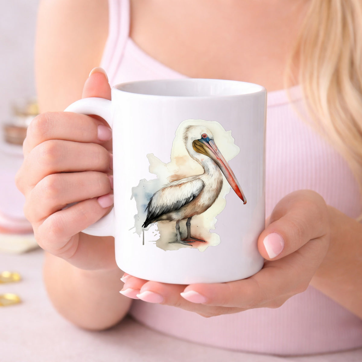 Long Beaked Pelican UV DTF sticker displayed on a white coffee mug