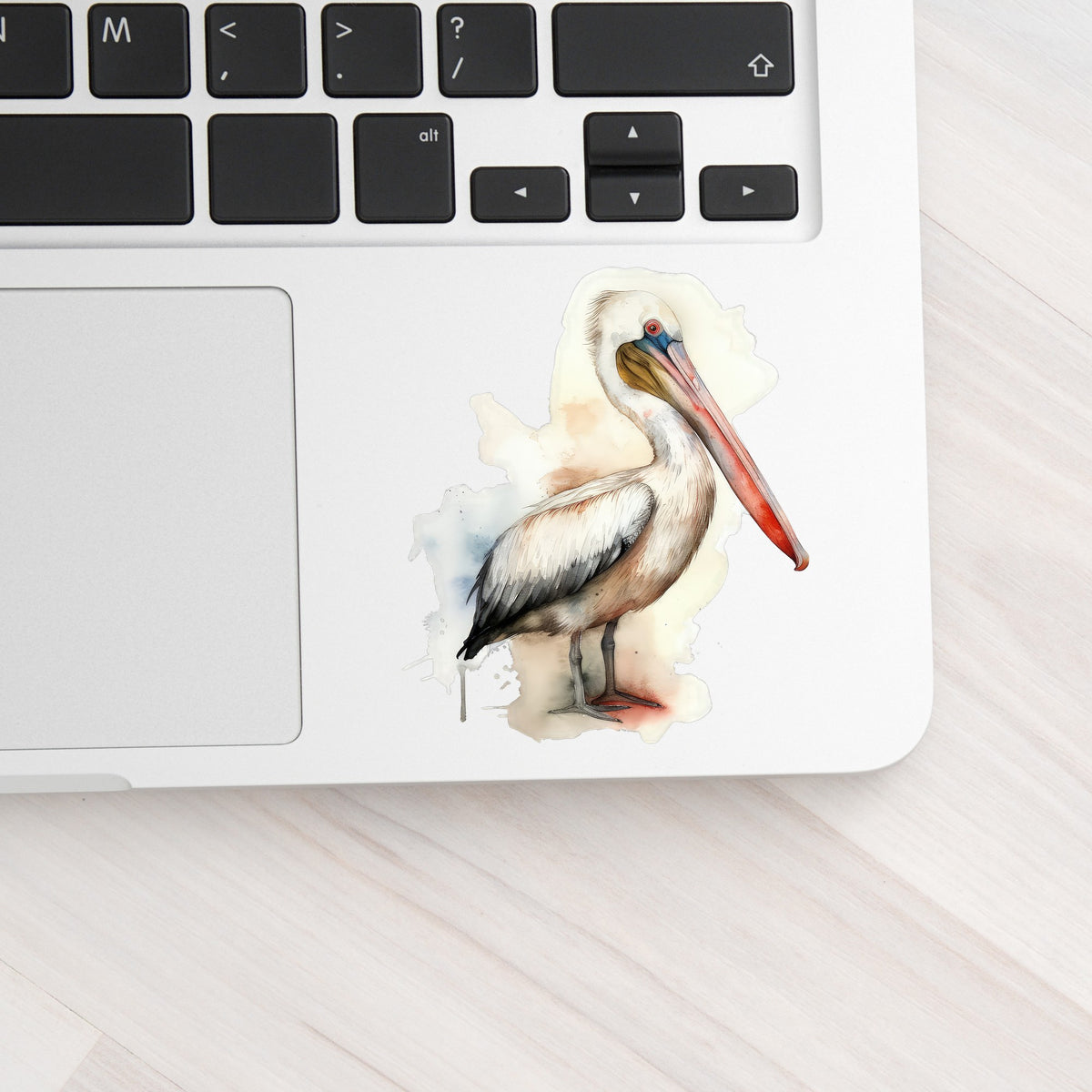 Long Beaked Pelican UV DTF sticker applied to a laptop beside the keyboard