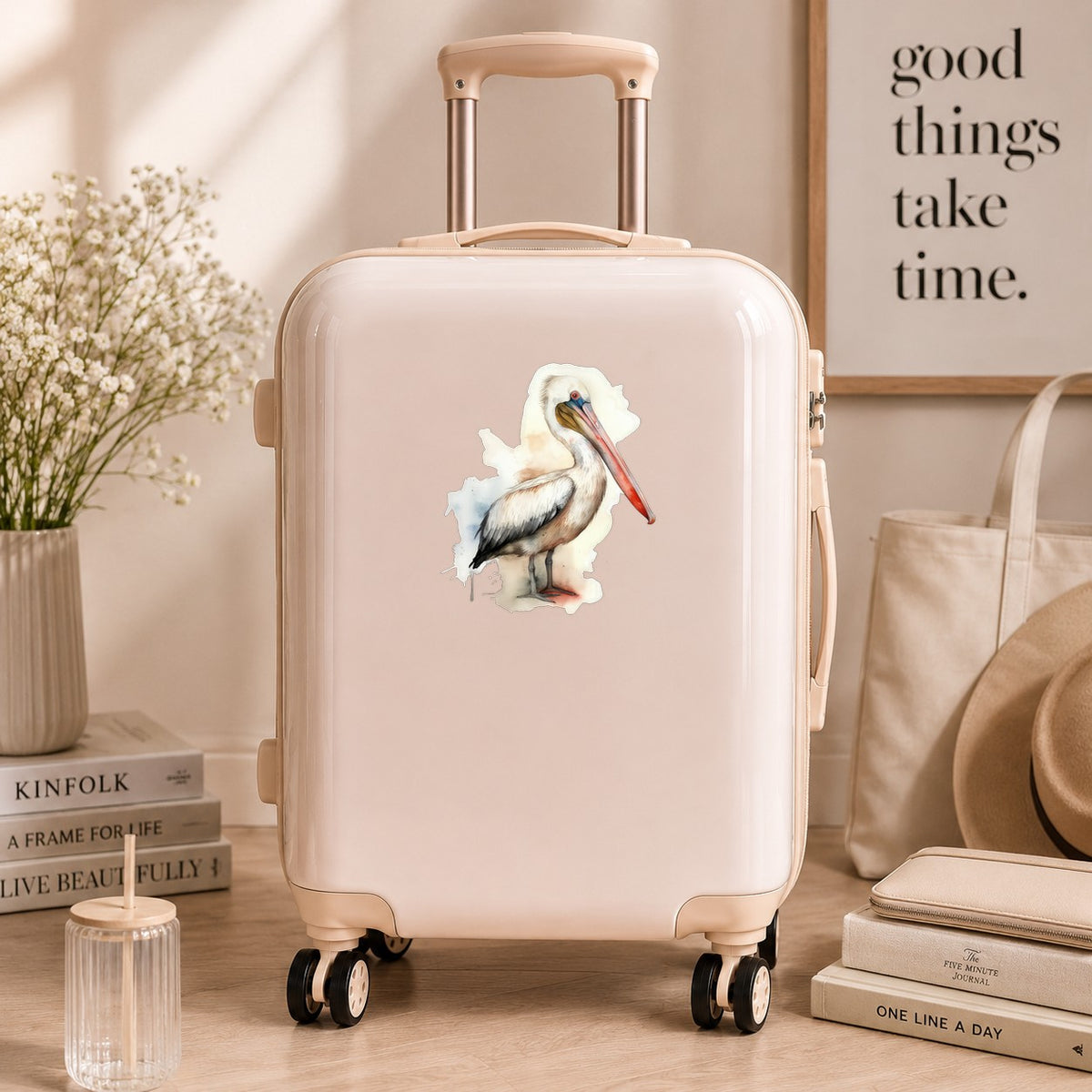 Long Beaked Pelican UV DTF sticker applied to a neutral suitcase