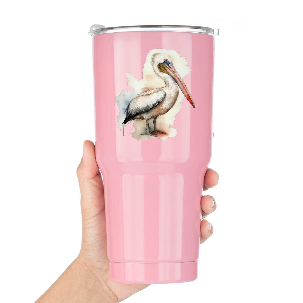 Long Beaked Pelican UV DTF sticker applied to a pink tumbler