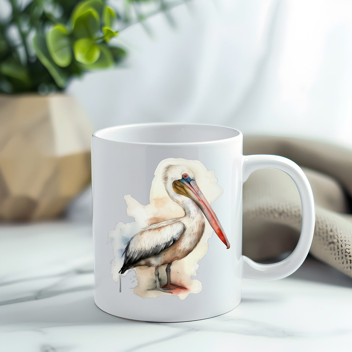 Long Beaked Pelican UV DTF sticker applied to a white coffee mug