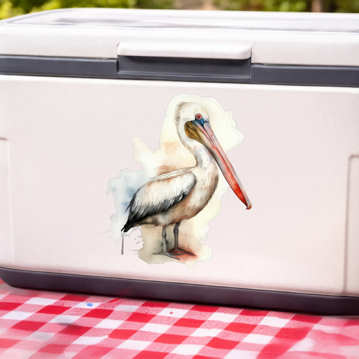 Long Beaked Pelican UV DTF sticker applied to a white cooler