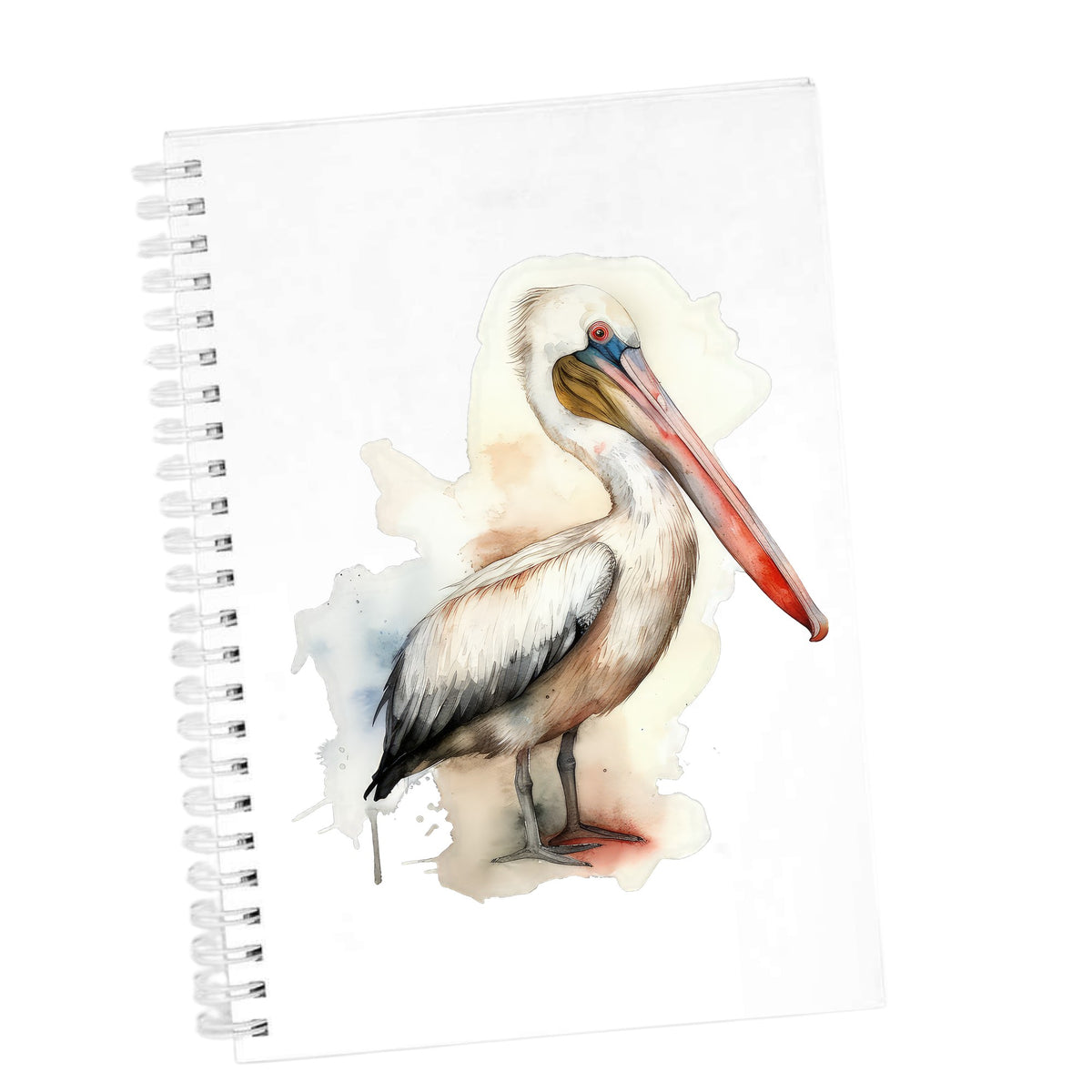 Long Beaked Pelican UV DTF sticker applied to a white journal