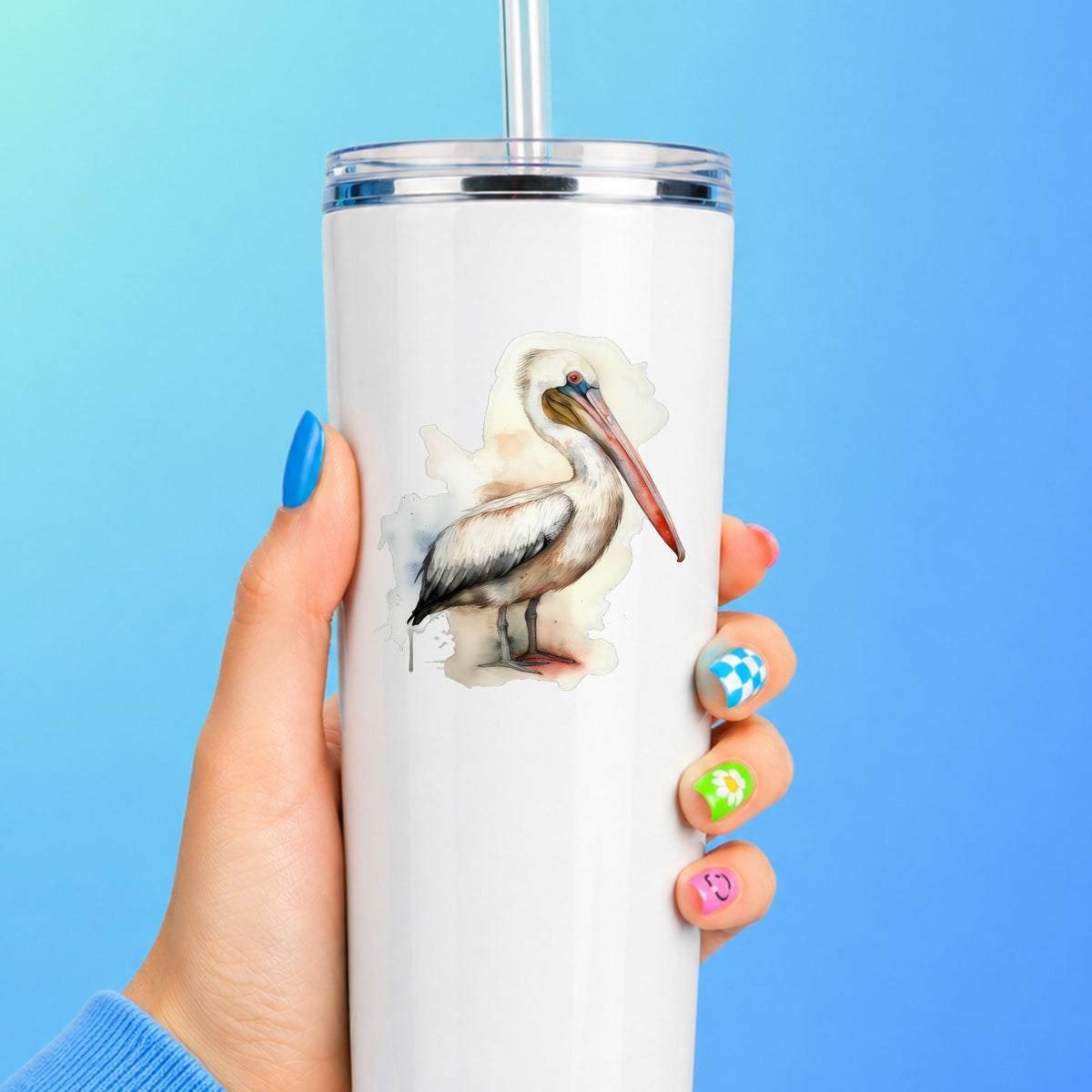 Long Beaked Pelican UV DTF sticker applied to a white tumbler