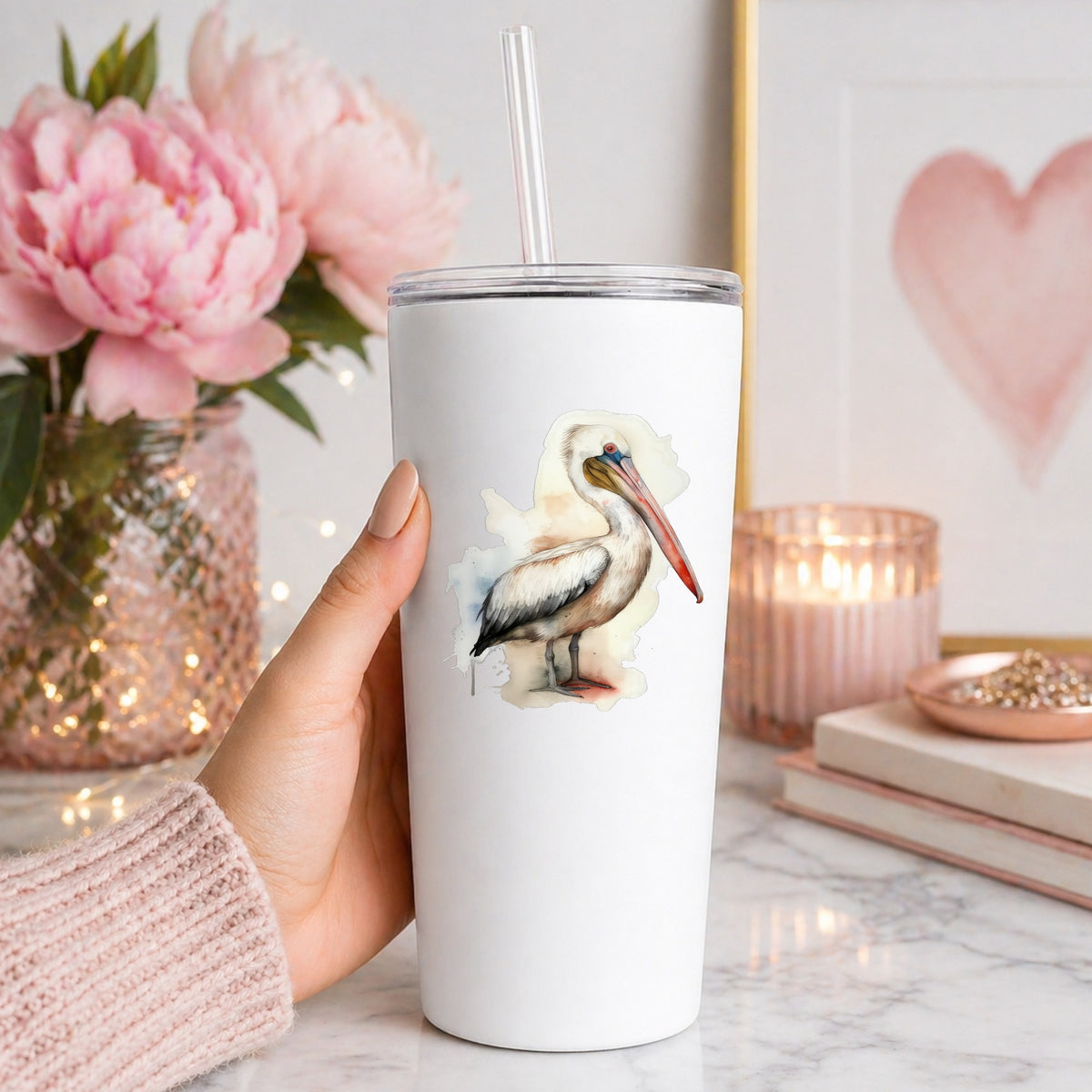 Long Beaked Pelican UV DTF sticker applied to a white tumbler