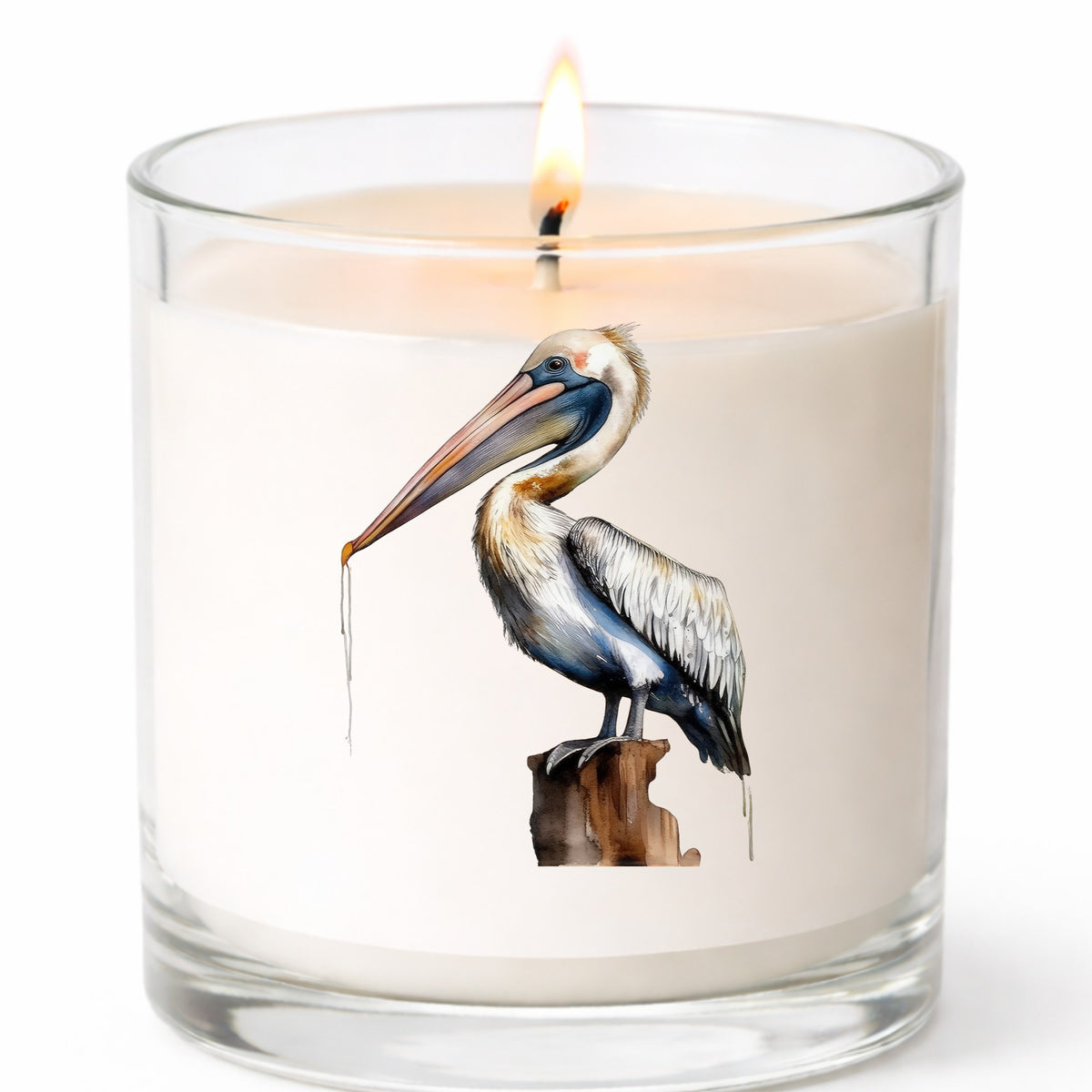 Pelican Perched On Piling UV DTF sticker applied to a candle jar