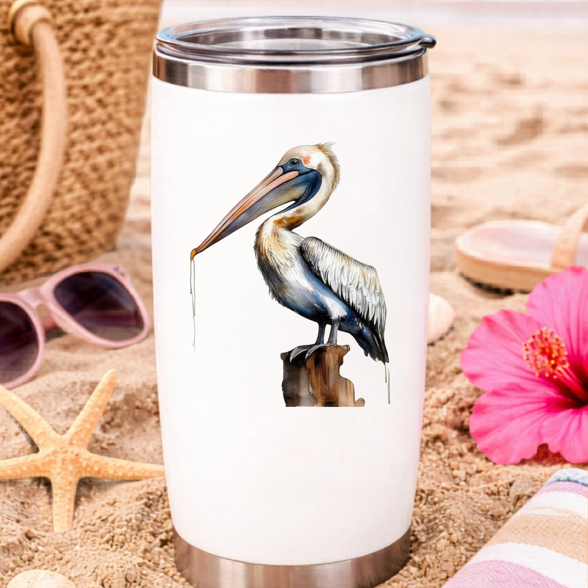 Pelican Perched On Piling UV DTF sticker applied to a water bottle at the beach