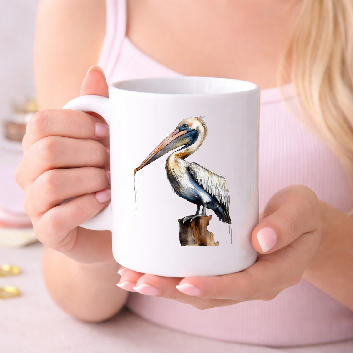 Pelican Perched On Piling UV DTF sticker displayed on a white coffee mug