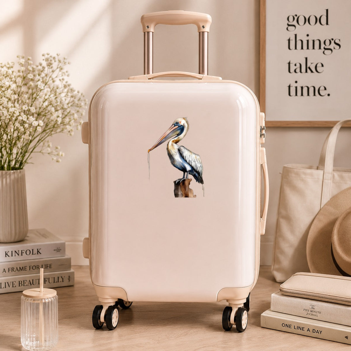 Pelican Perched On Piling UV DTF sticker applied to a neutral suitcase