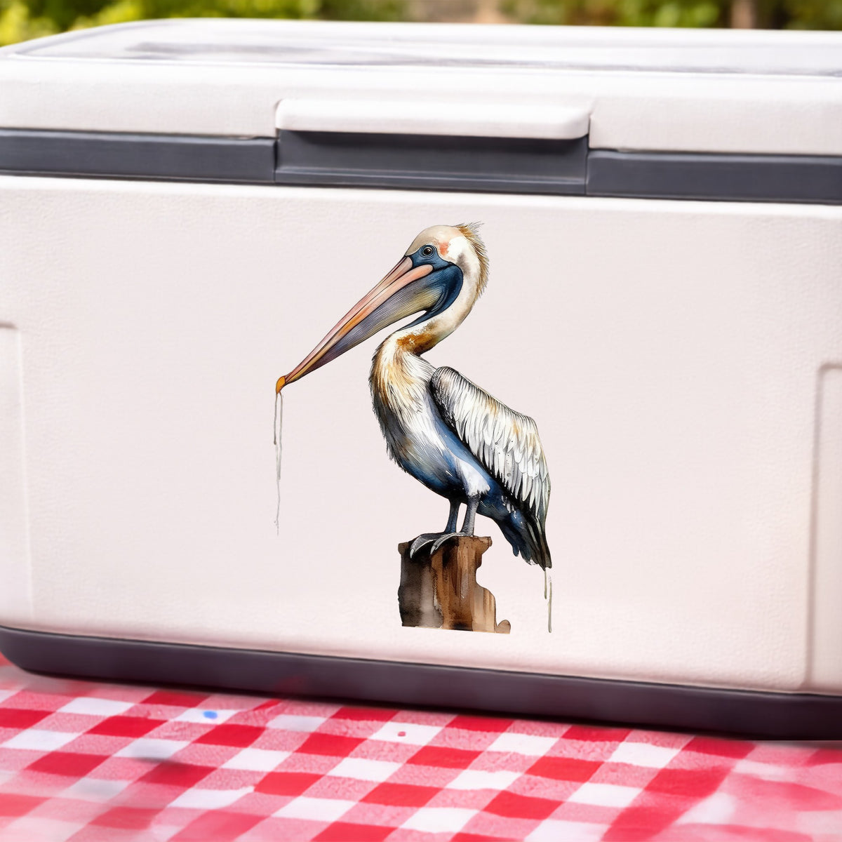 Pelican Perched On Piling UV DTF sticker applied to a white cooler