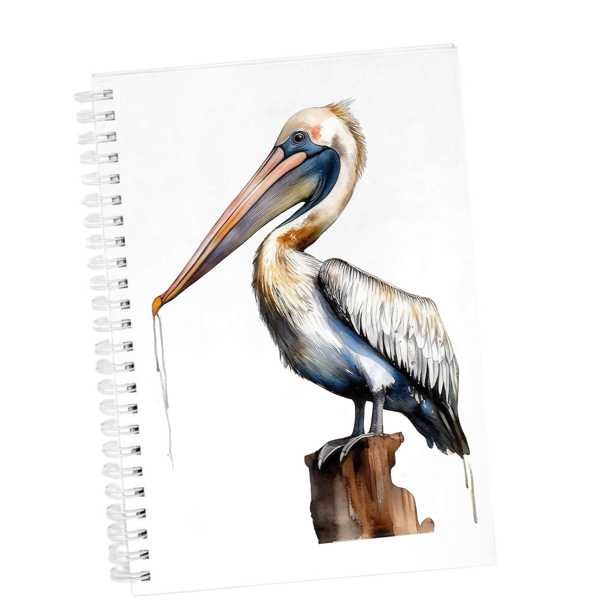 Pelican Perched On Piling UV DTF sticker applied to a white journal