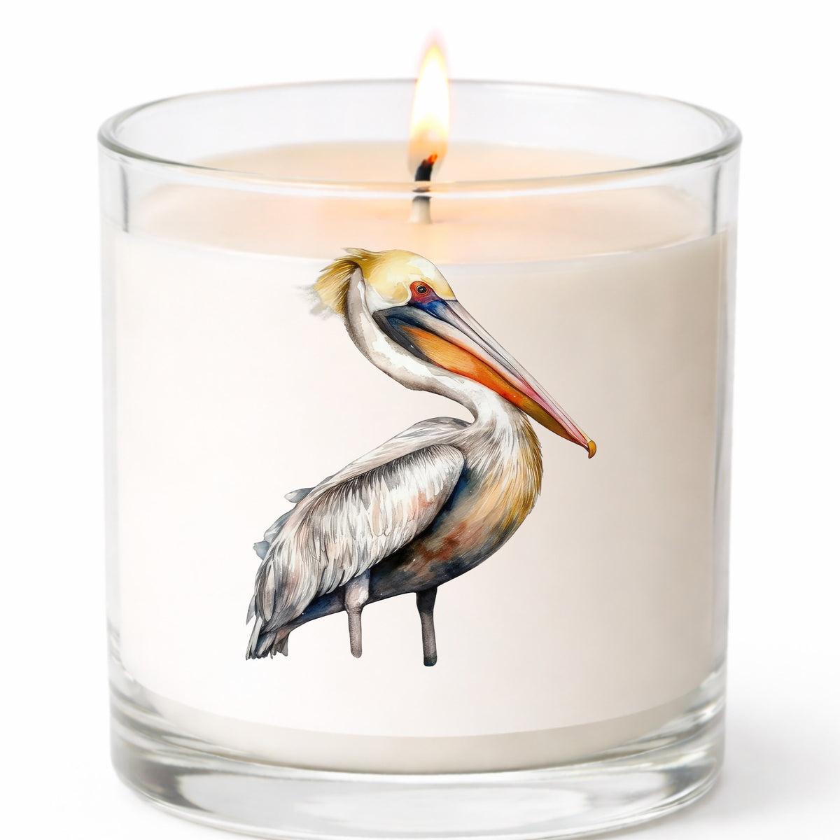 Yellow Crest Pelican UV DTF sticker applied to a candle jar