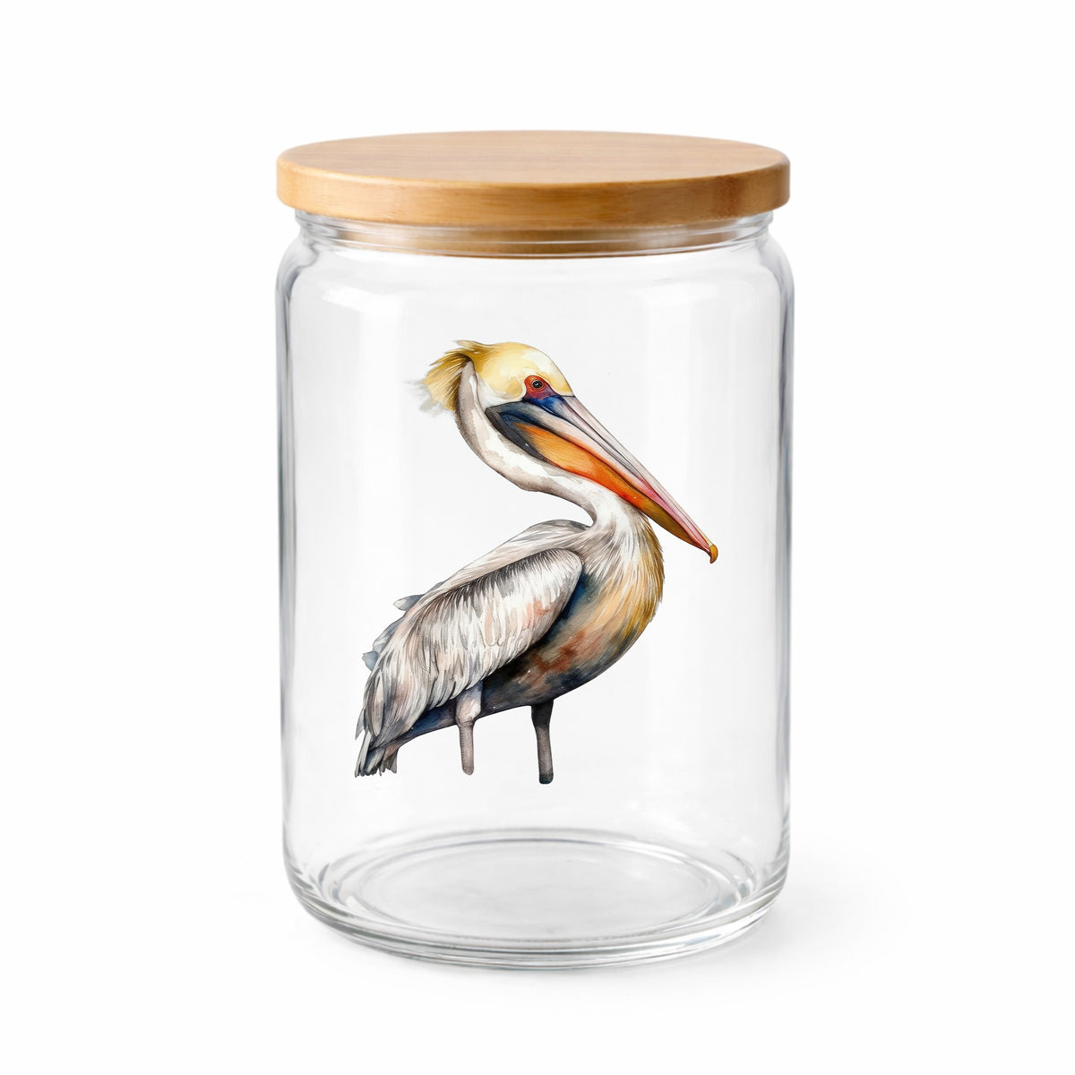 Yellow Crest Pelican UV DTF sticker applied to a clear glass jar with lid