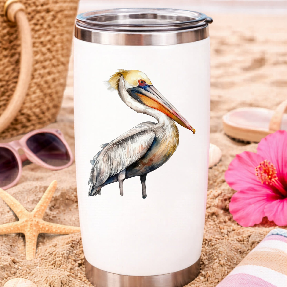 Yellow Crest Pelican UV DTF sticker applied to a water bottle at the beach