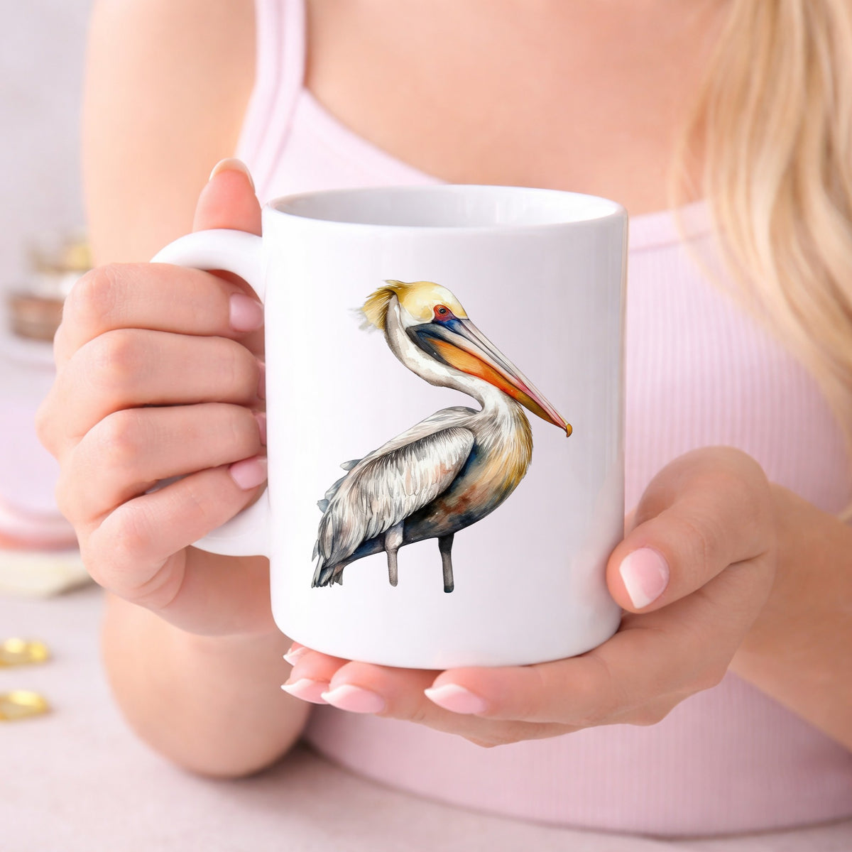Yellow Crest Pelican UV DTF sticker displayed on a white coffee mug