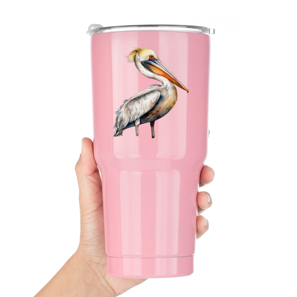 Yellow Crest Pelican UV DTF sticker applied to a pink tumbler
