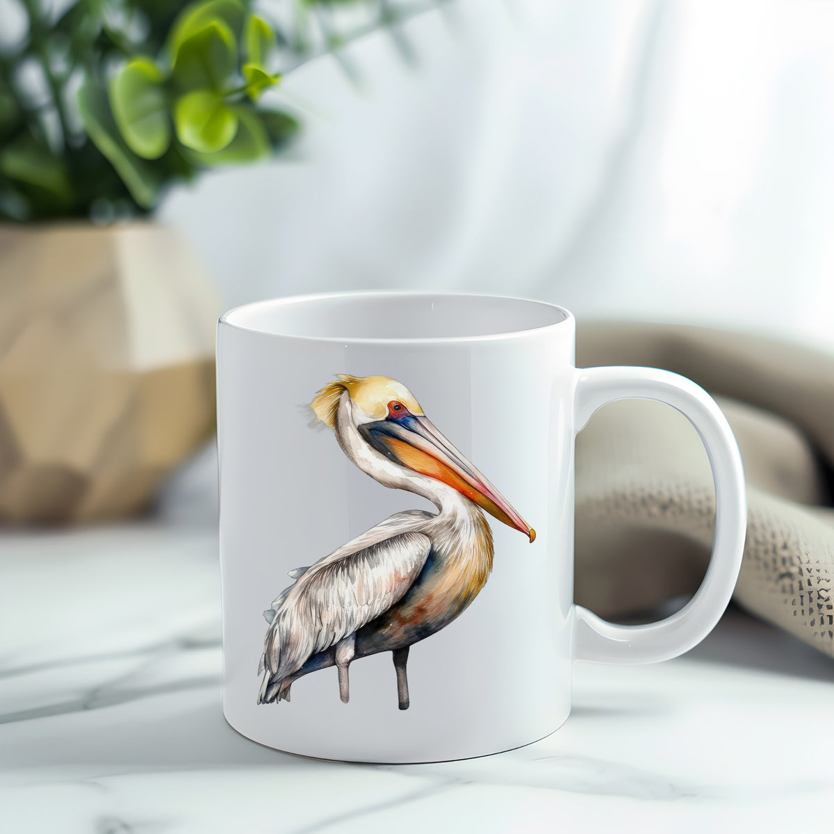 Yellow Crest Pelican UV DTF sticker applied to a white coffee mug