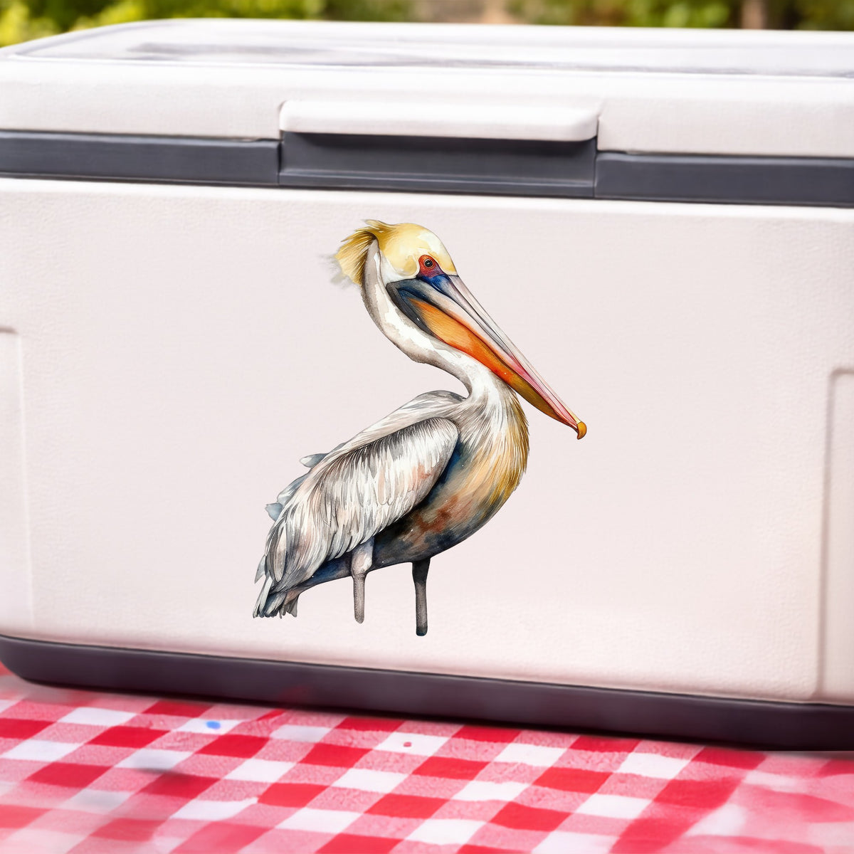 Yellow Crest Pelican UV DTF sticker applied to a white cooler