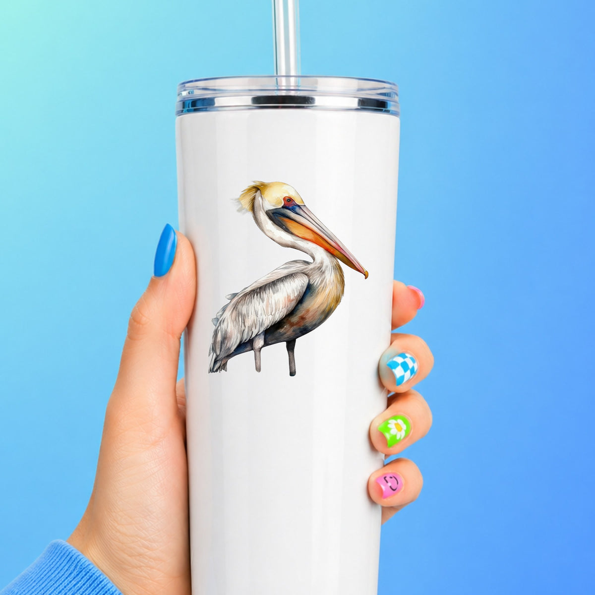 Yellow Crest Pelican UV DTF sticker applied to a white tumbler