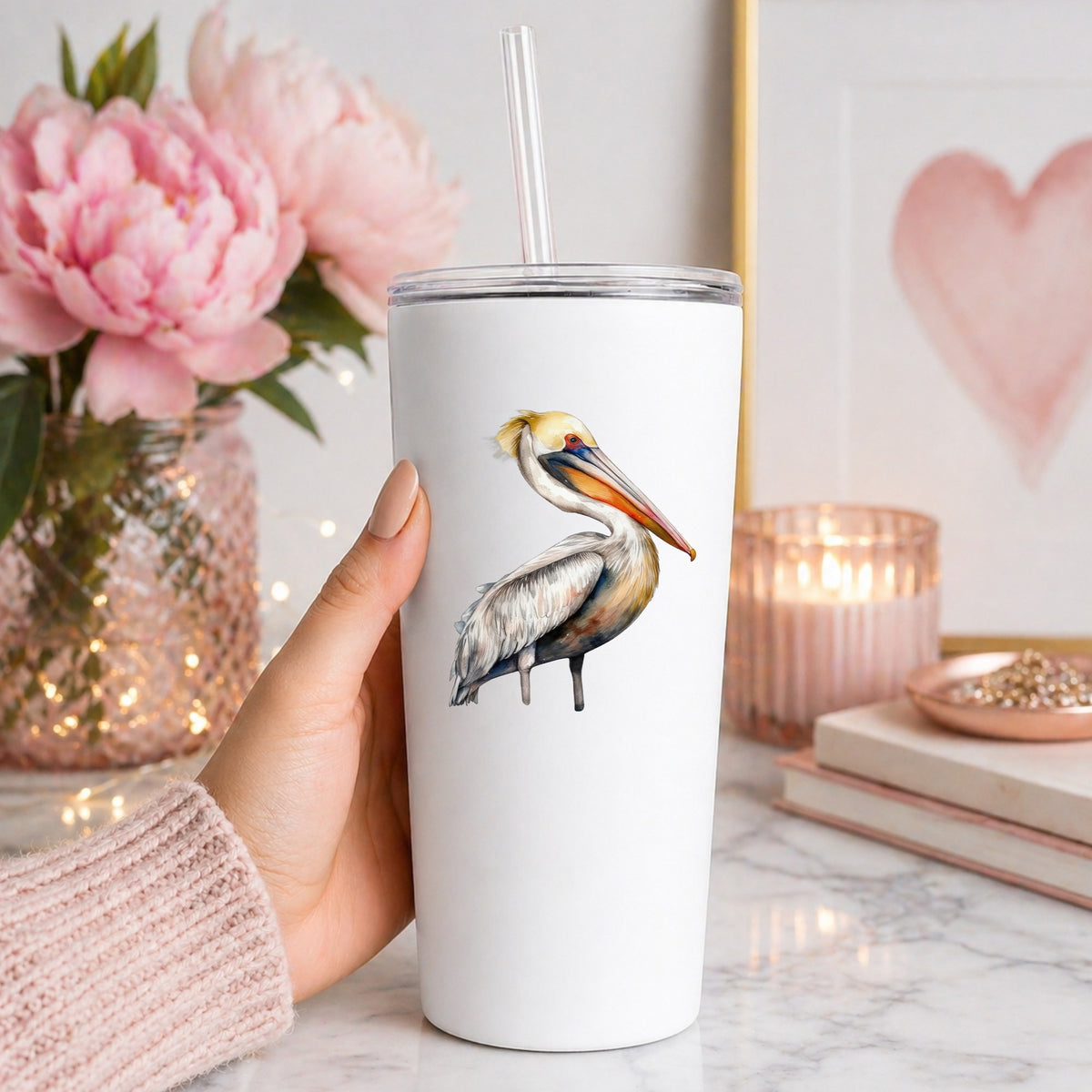 Yellow Crest Pelican UV DTF sticker applied to a white tumbler