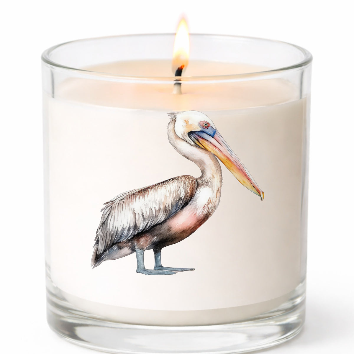 Walking Pelican UV DTF sticker applied to a candle jar