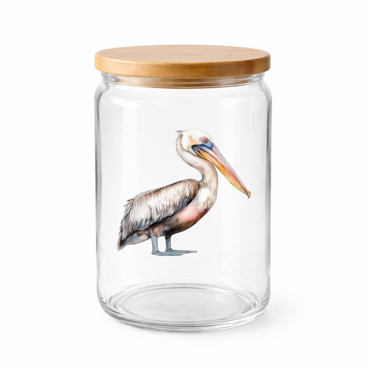 Walking Pelican UV DTF sticker applied to a clear glass jar with lid