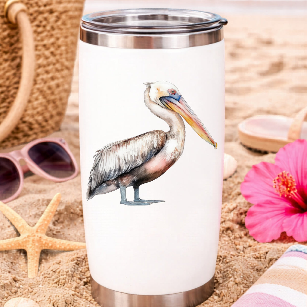 Walking Pelican UV DTF sticker applied to a water bottle at the beach