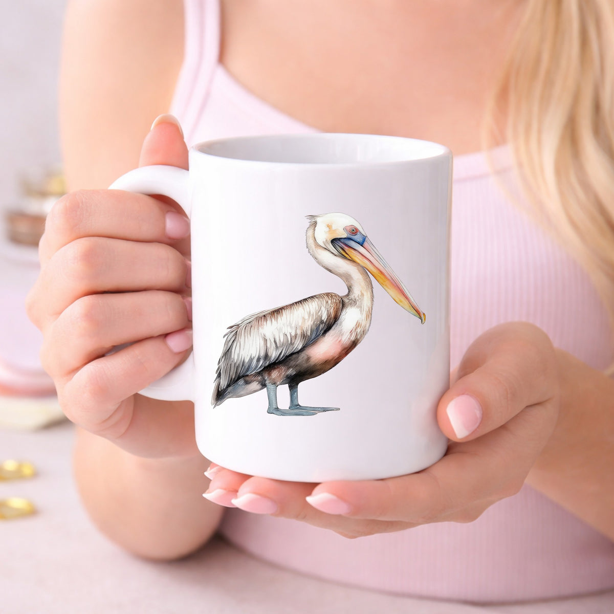 Walking Pelican UV DTF sticker displayed on a white coffee mug