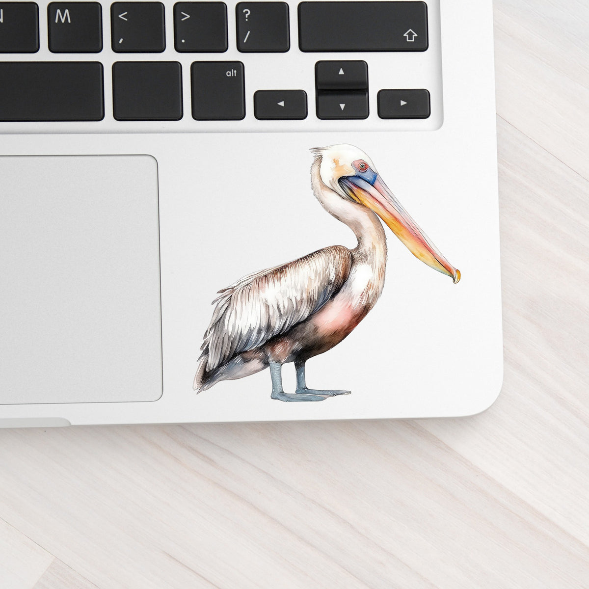 Walking Pelican UV DTF sticker applied to a laptop beside the keyboard